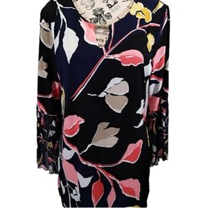 JM Collection Navy and Black Floral Blouse W/‎ Dramatic Sheer Bell Sleeve Size M